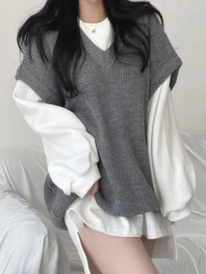 Hnewly Autumn Winter Vest Women Korean Style Knitted Sweaters Female Oversized Preppy Jumper Ladies Casual Loose Long Sleeve Pullovers