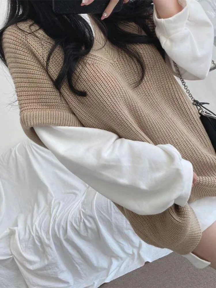 Hnewly Autumn Winter Vest Women Korean Style Knitted Sweaters Female Oversized Preppy Jumper Ladies Casual Loose Long Sleeve Pullovers