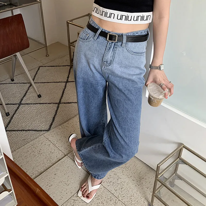 [Korean Style] High Rise Gradient Wide Leg Denim Slit Jeans