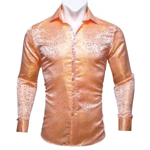 Light Orange Floral Pattern Silk Men's Long Sleeve Shirt