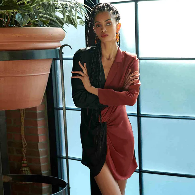 long sleeve short contrast color satin blazer dress