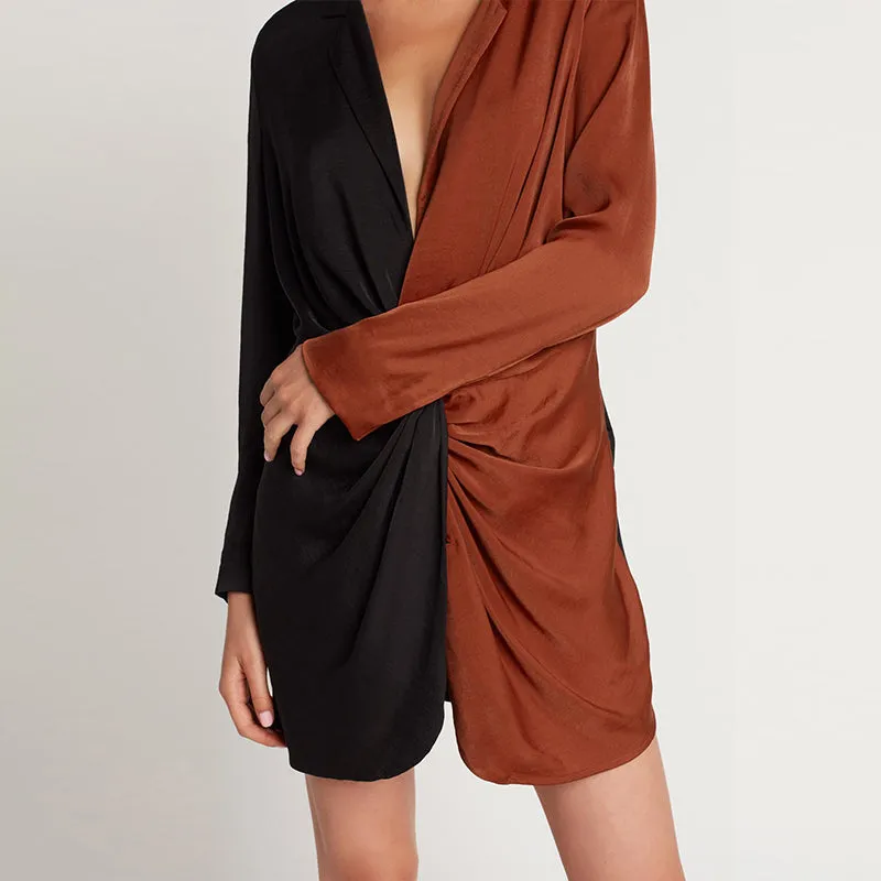 long sleeve short contrast color satin blazer dress