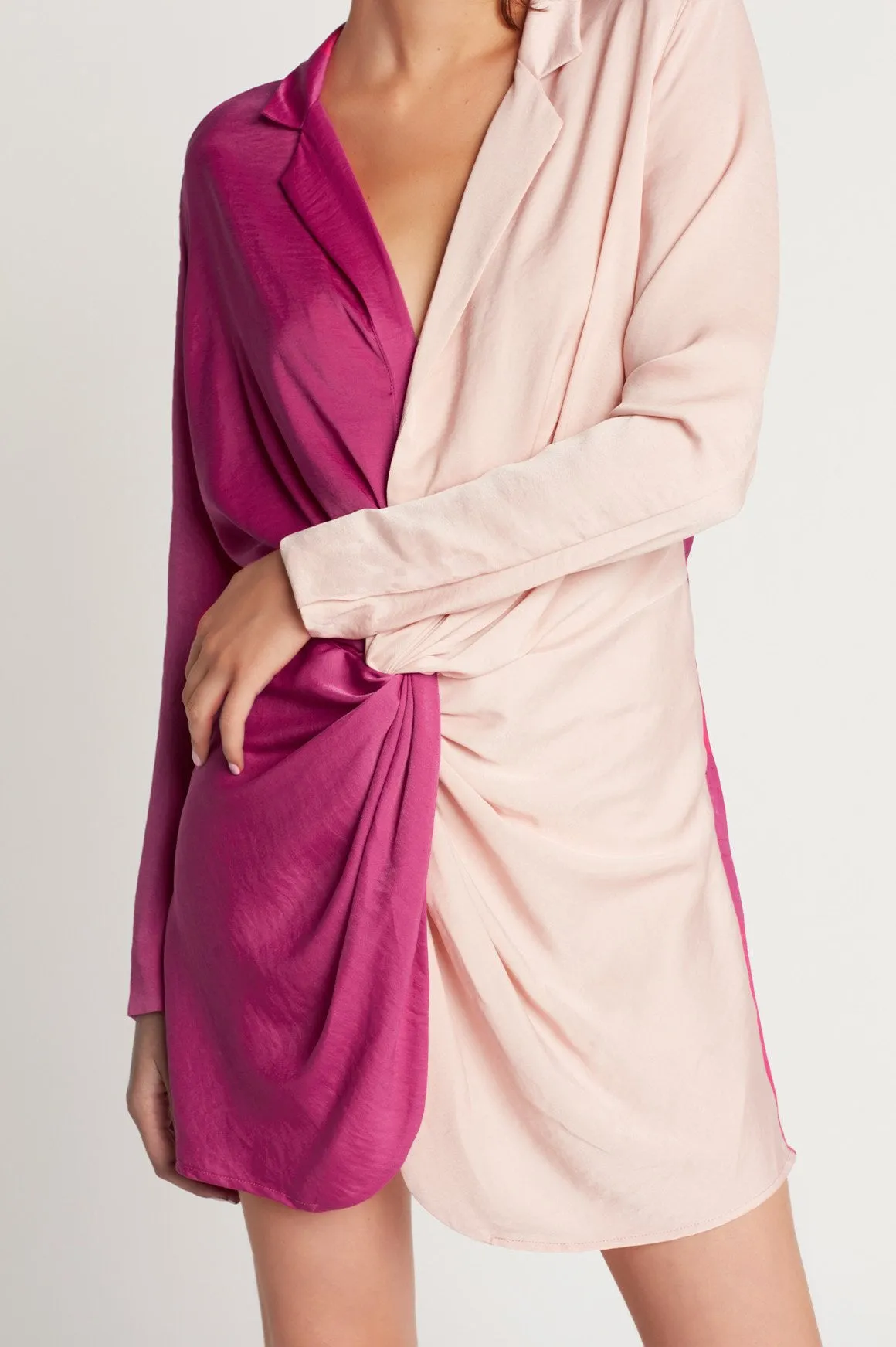 long sleeve short contrast color satin blazer dress