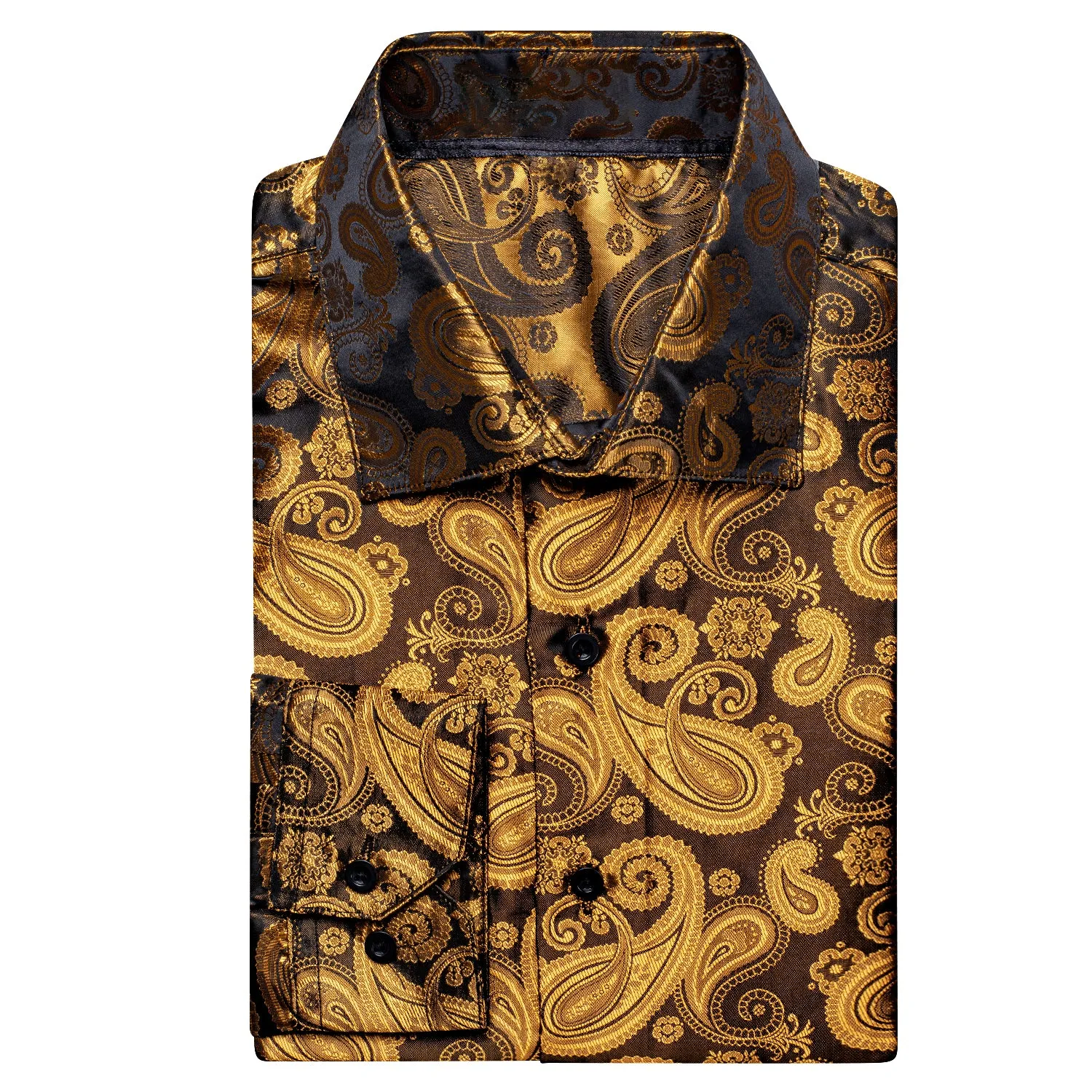 Luxury Golden Brown Paisley Pattern Silk Men's Long Sleeve Shirt