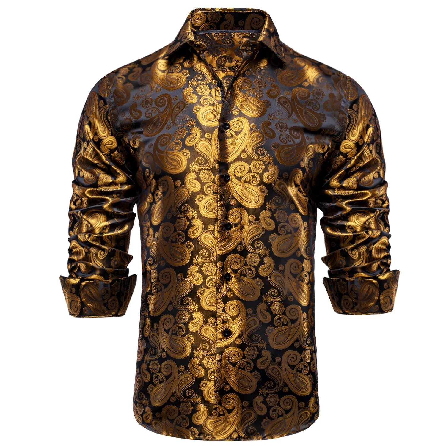 Luxury Golden Brown Paisley Pattern Silk Men's Long Sleeve Shirt