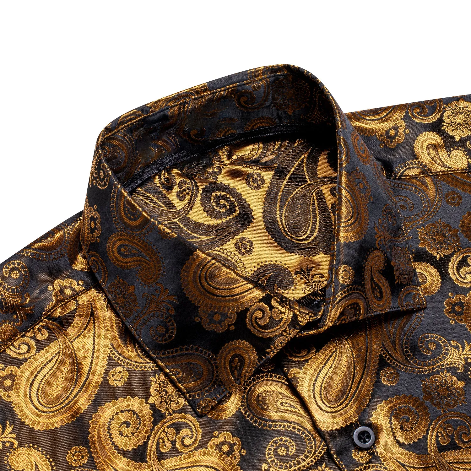 Luxury Golden Brown Paisley Pattern Silk Men's Long Sleeve Shirt