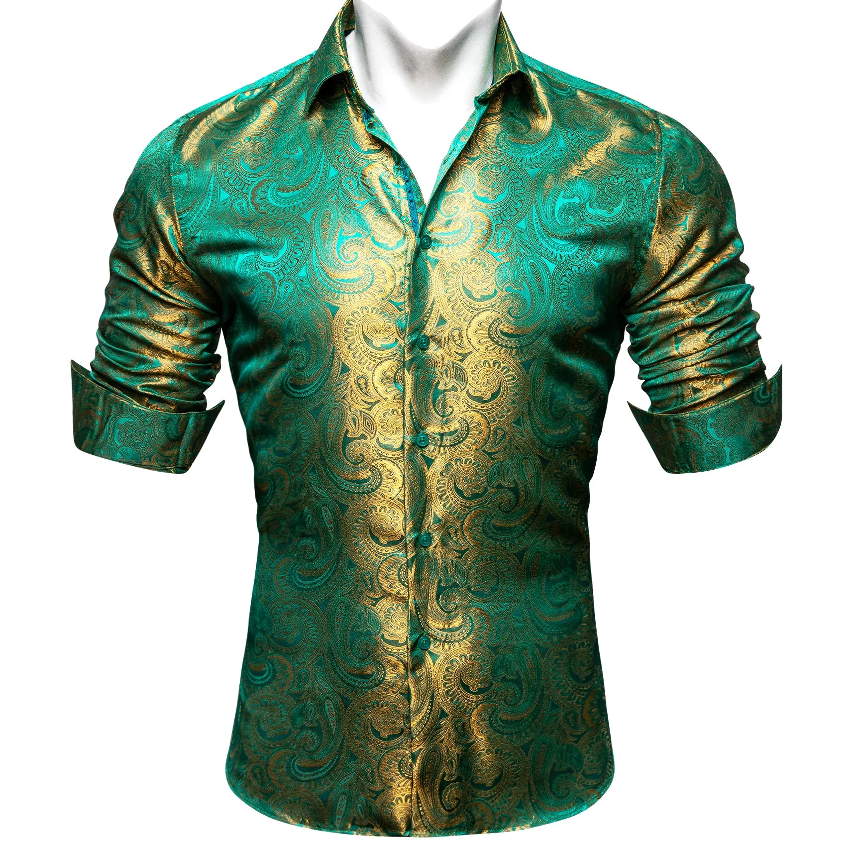 Luxury Green Golden Gradient Paisley Pattern Silk Men's Long Sleeve Shirt