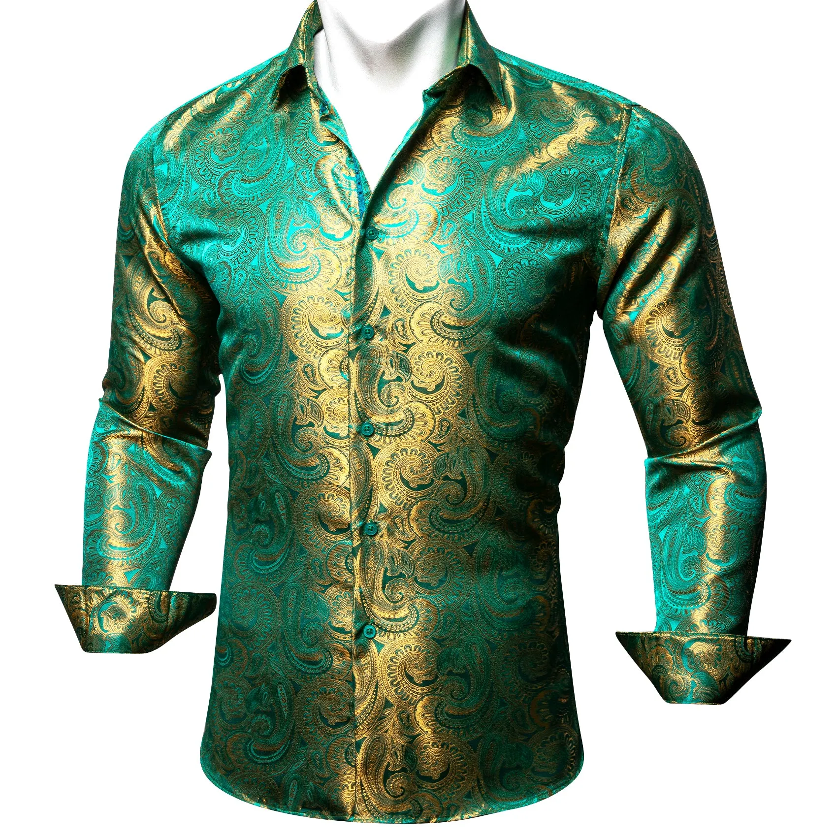 Luxury Green Golden Gradient Paisley Pattern Silk Men's Long Sleeve Shirt