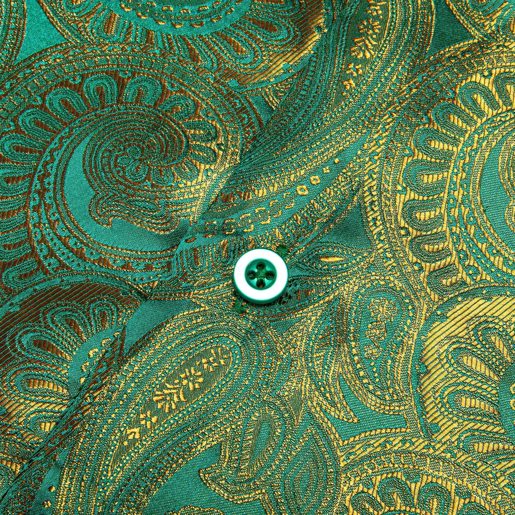 Luxury Green Golden Gradient Paisley Pattern Silk Men's Long Sleeve Shirt