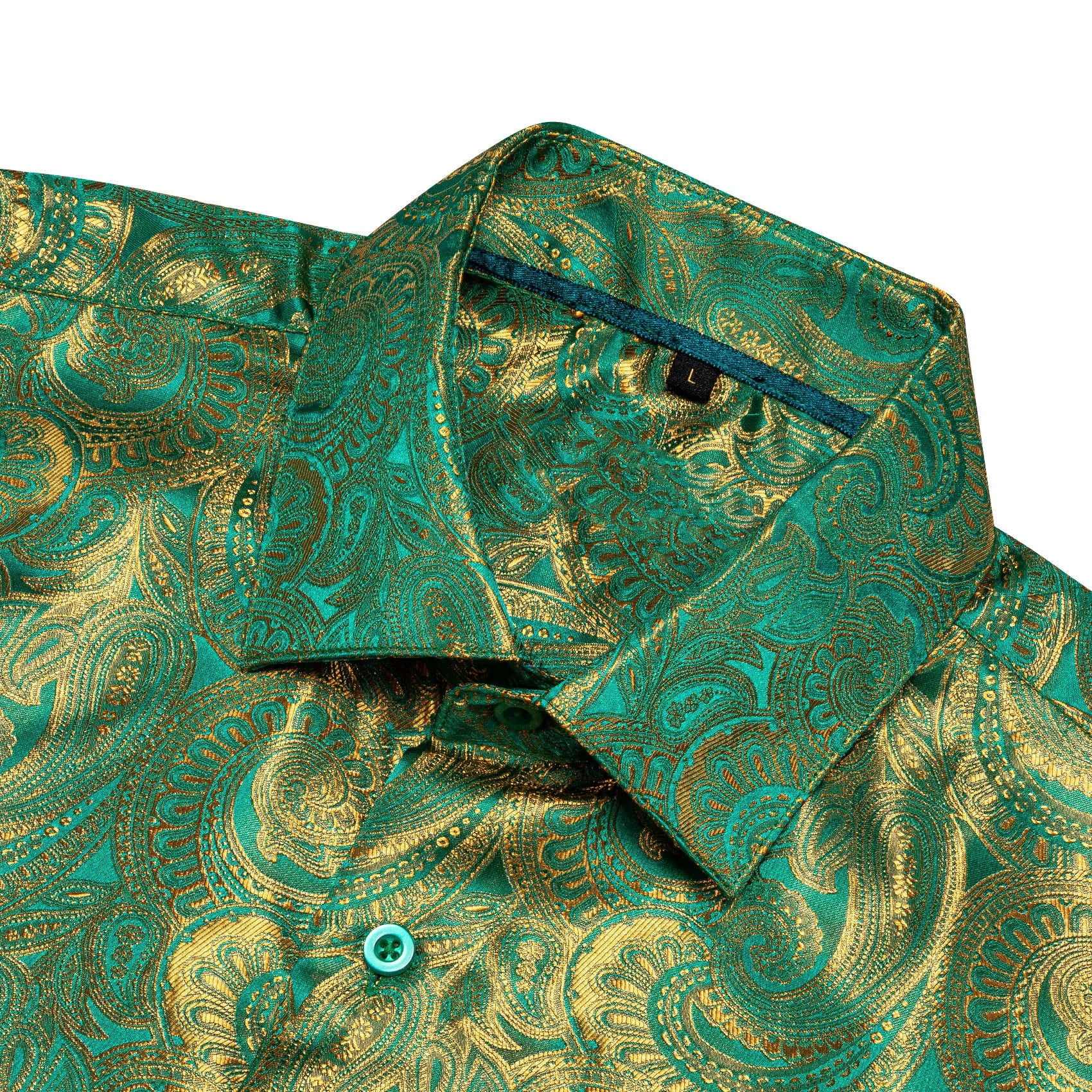 Luxury Green Golden Gradient Paisley Pattern Silk Men's Long Sleeve Shirt