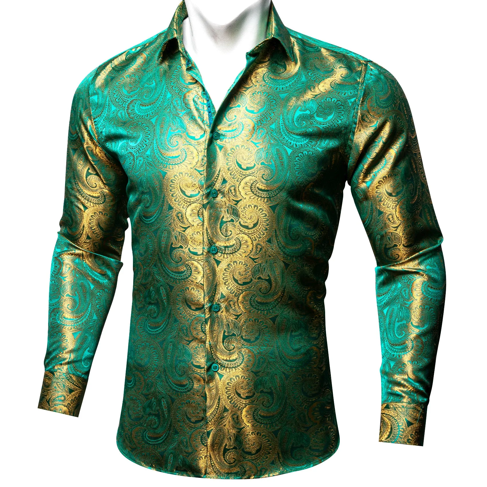 Luxury Green Golden Gradient Paisley Pattern Silk Men's Long Sleeve Shirt