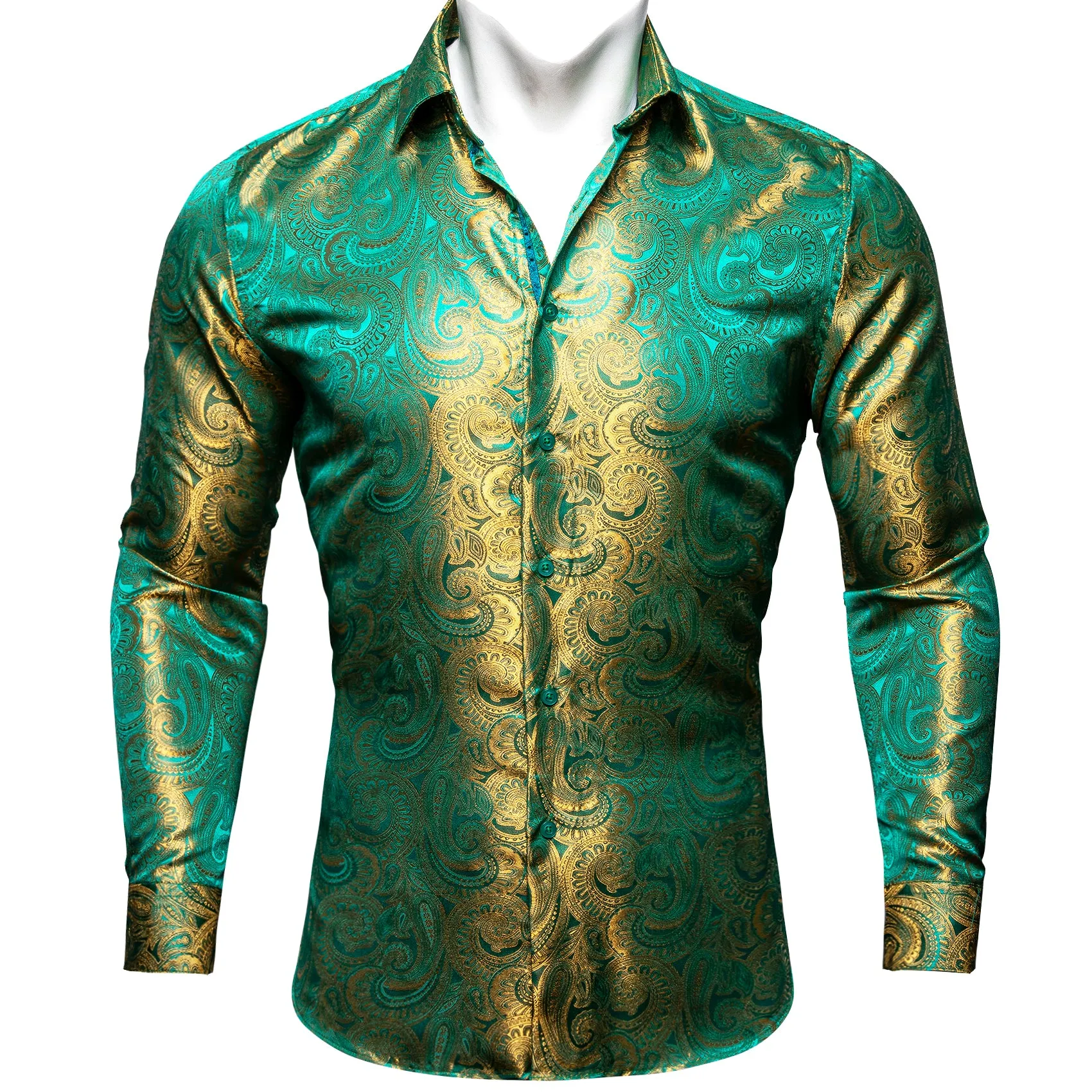 Luxury Green Golden Gradient Paisley Pattern Silk Men's Long Sleeve Shirt