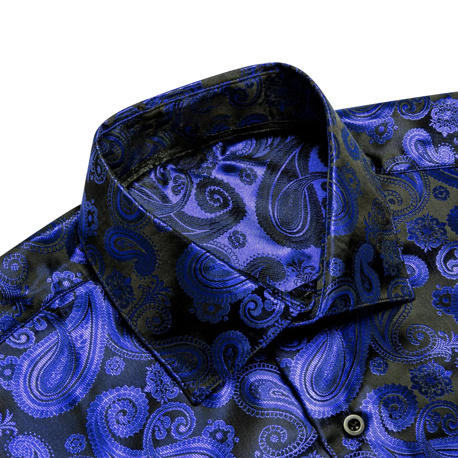 Luxury Royal Blue Paisley Pattern Silk Men's Long Sleeve Shirt