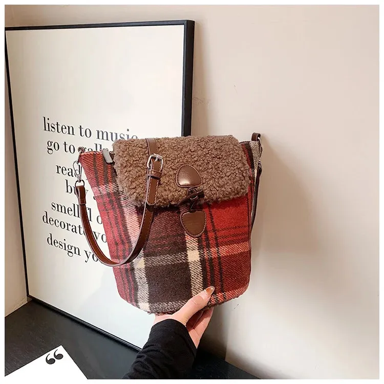 MAYTRENDS  -  Retro Plaid Winter Ladies Bucket Bag Fashion Large Capacity Plush Women Shoulder Bags Simple Imitation Wool Female Handbags