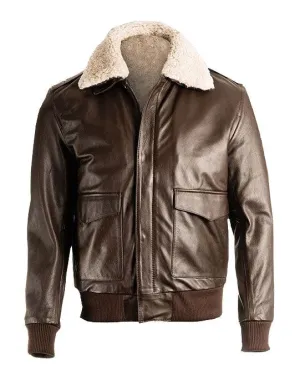 Men’s Brown Pilot Bomber Shearling Sheepskin Jacket