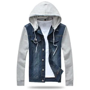 Mens Fashion Denim Cotton Blend Patchwork Detachable Hood Slim Fit Spring Fall Jackets