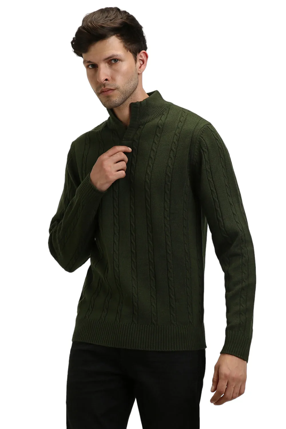 Men's Mock Regular Fit Cable Olive Sweater