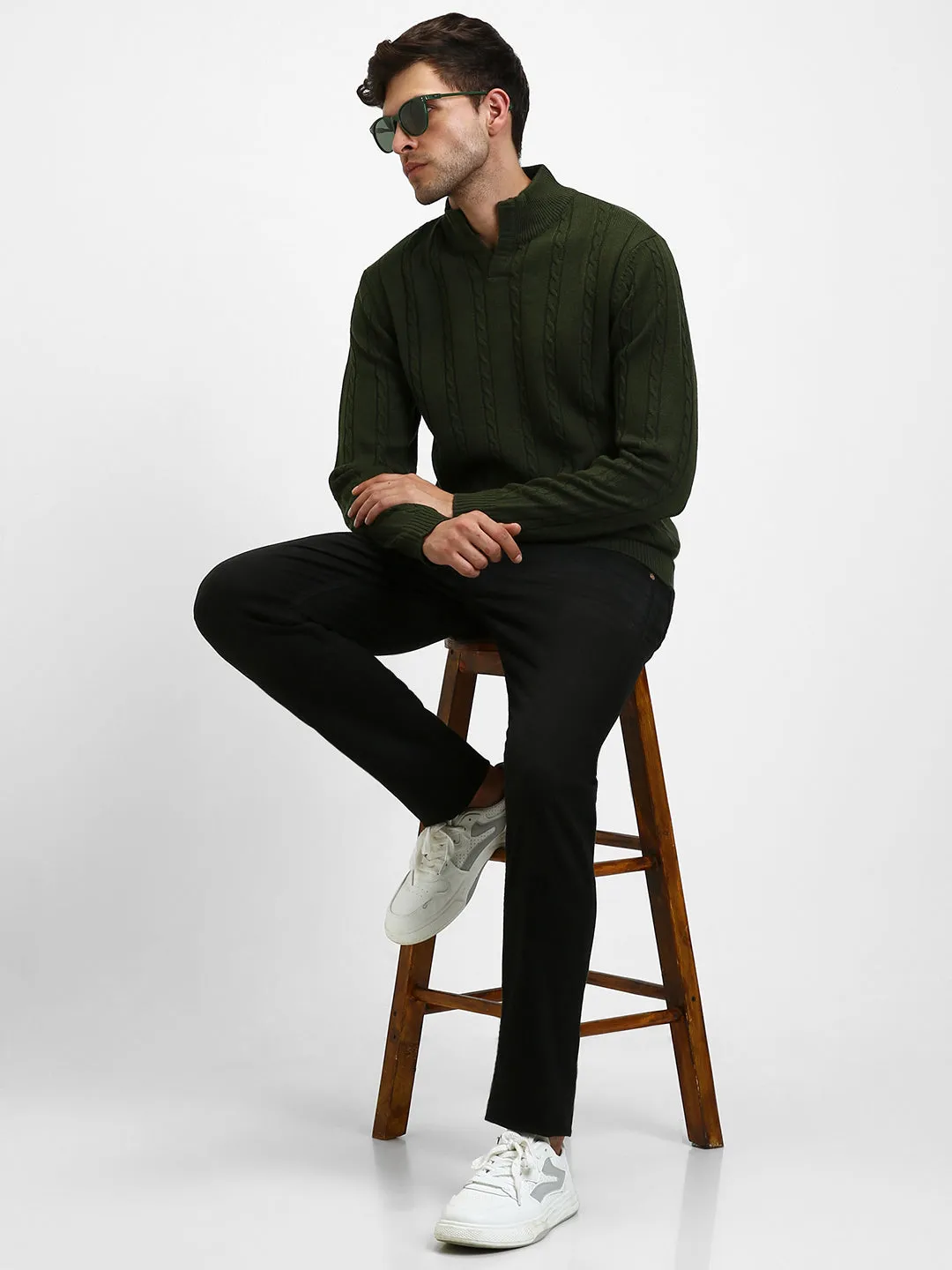 Men's Mock Regular Fit Cable Olive Sweater