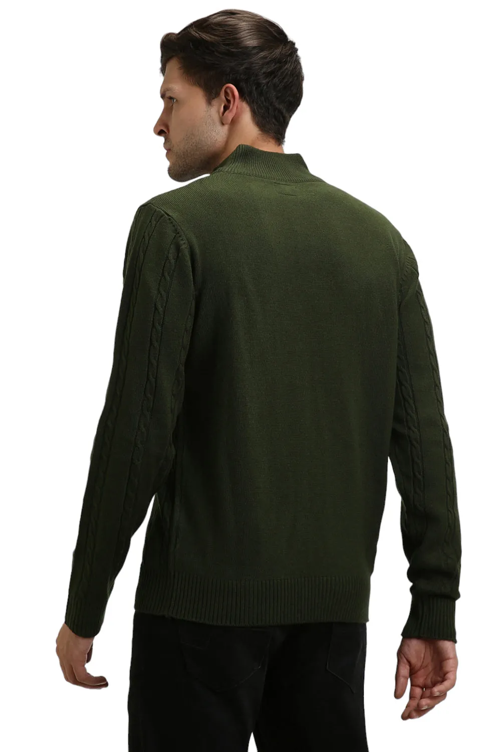 Men's Mock Regular Fit Cable Olive Sweater