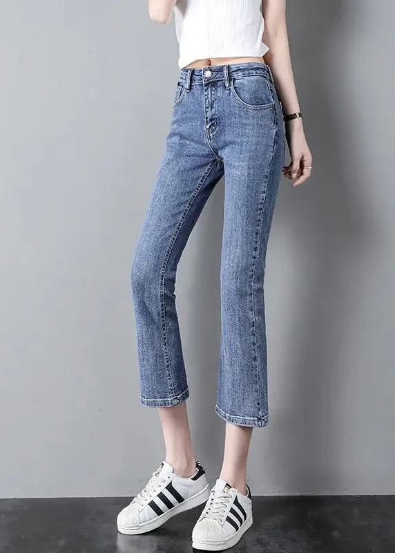 Modern Blue High Waist Patchwork Button Crop Jeans Summer TY1058