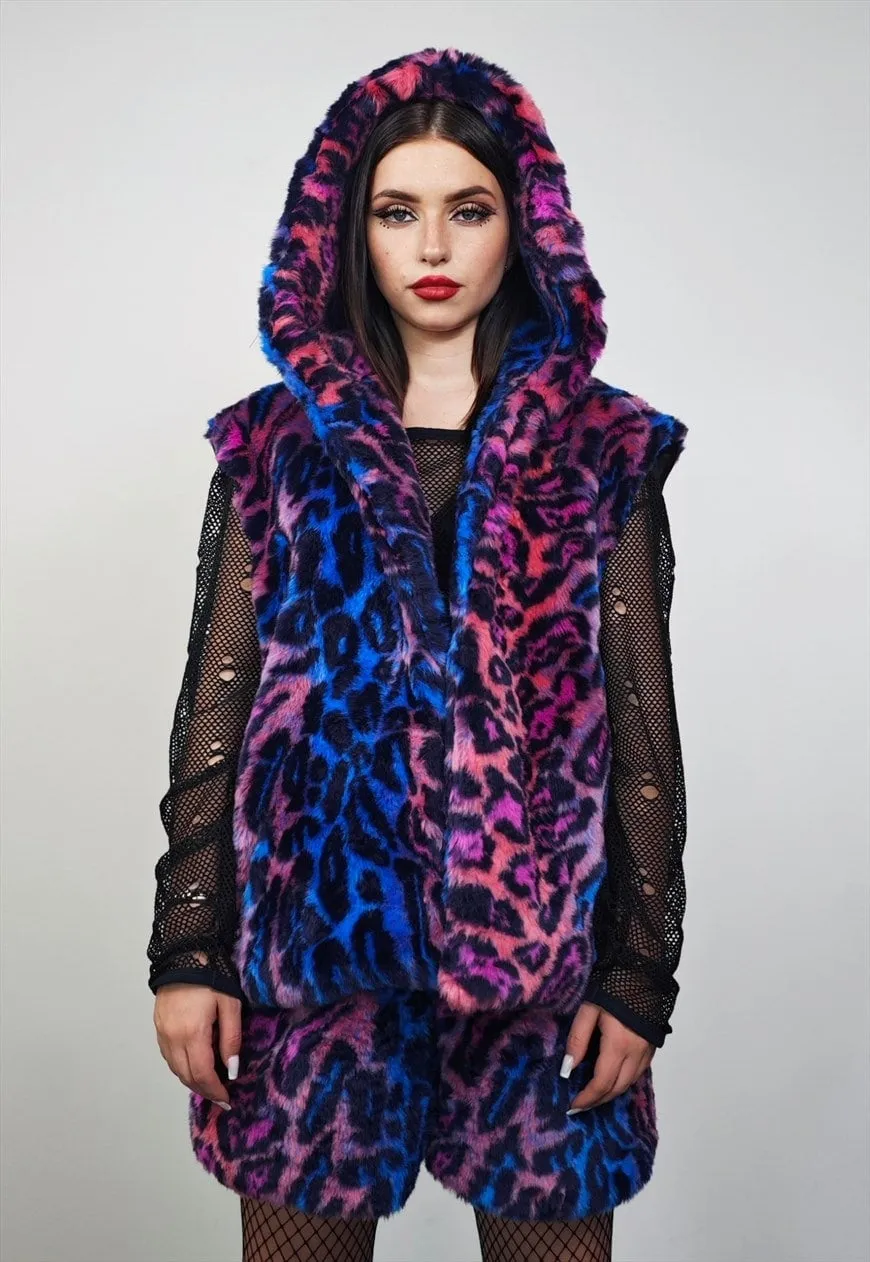 Neon leopard hooded jacket blue cropped animal print bomber