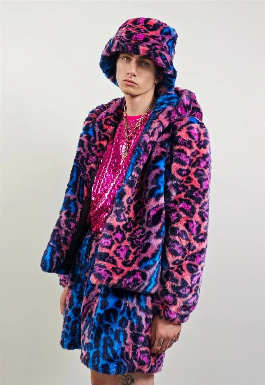 Neon leopard hooded jacket blue cropped animal print bomber