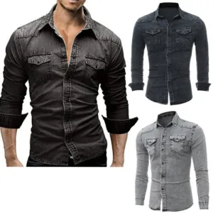 New Fashion Men's Jeans Casual Slim Stylish Wash-Vintage Denim Shirts Tops Plus Size M-2XL