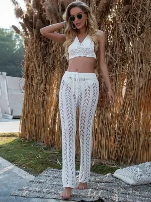 New hollow out hand hook loose wide trousers holiday style beach pants trousers