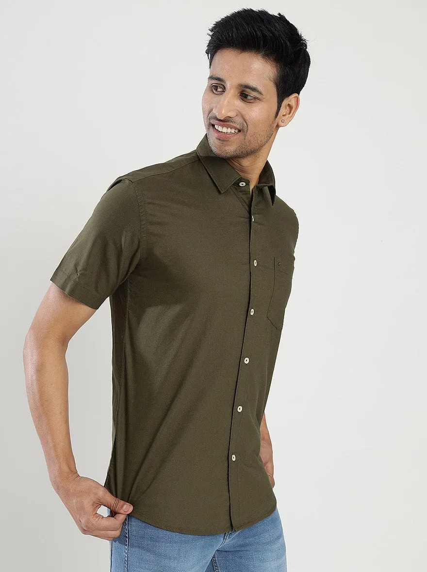 Olive Green Solid Smart Fit Semi Casual Shirt | Greenfibre