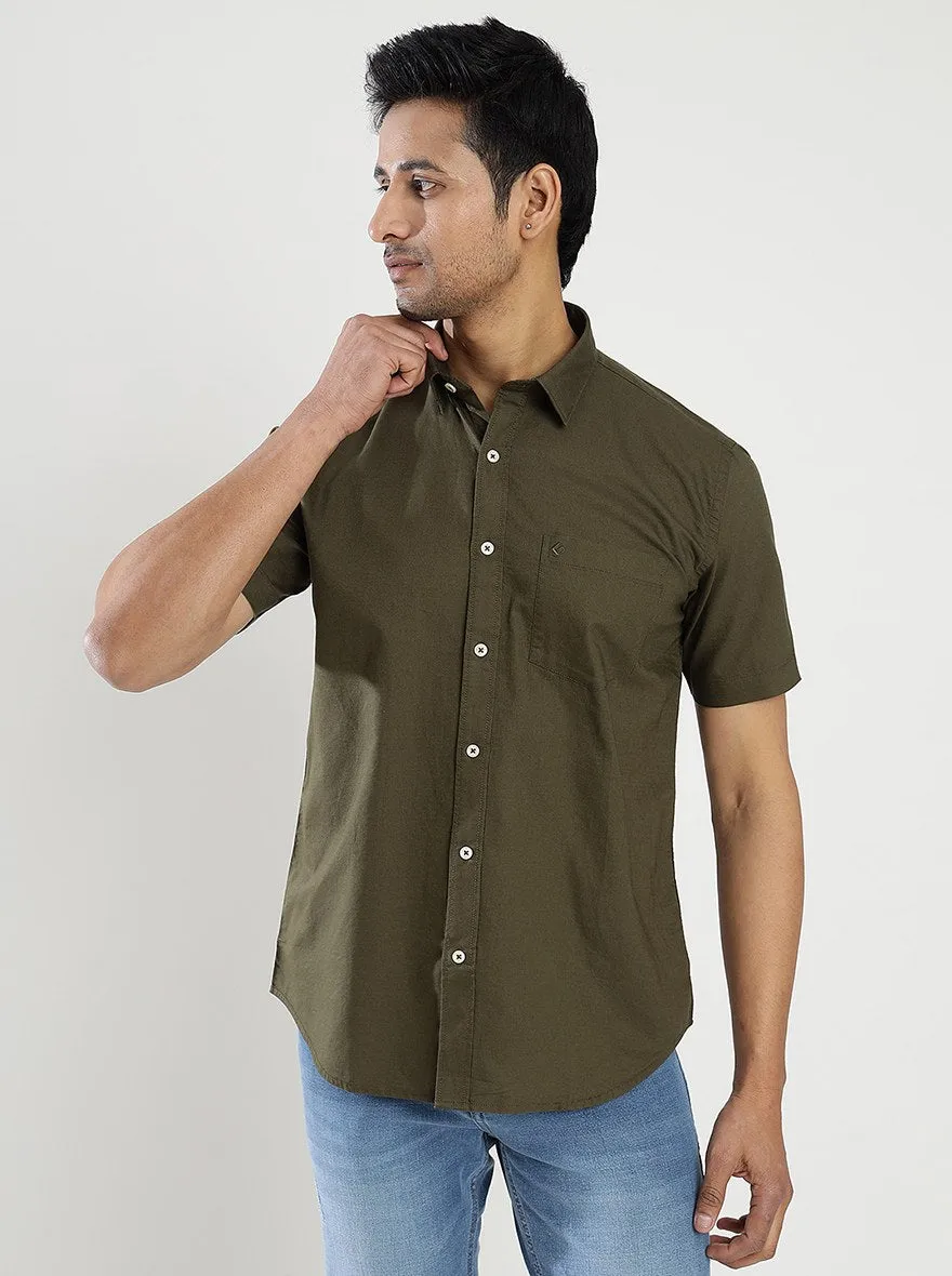 Olive Green Solid Smart Fit Semi Casual Shirt | Greenfibre