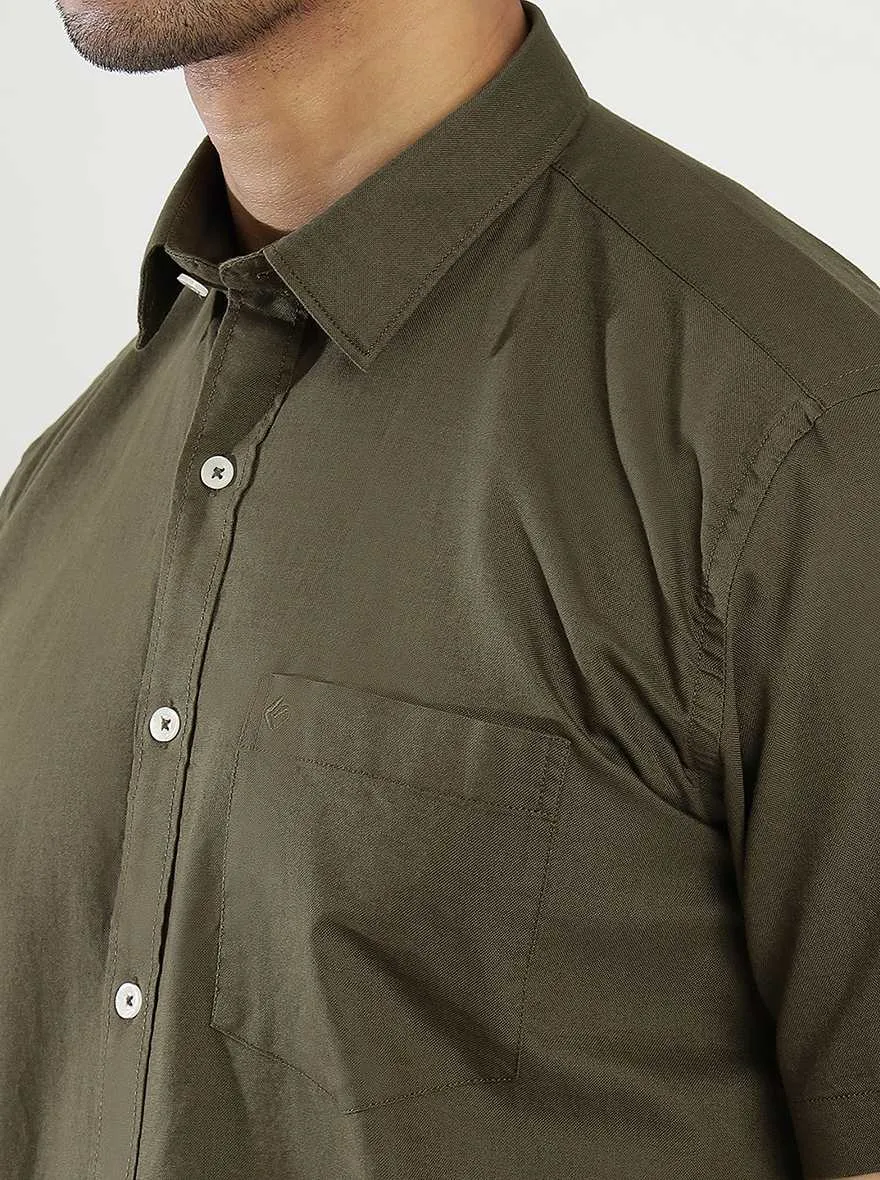 Olive Green Solid Smart Fit Semi Casual Shirt | Greenfibre