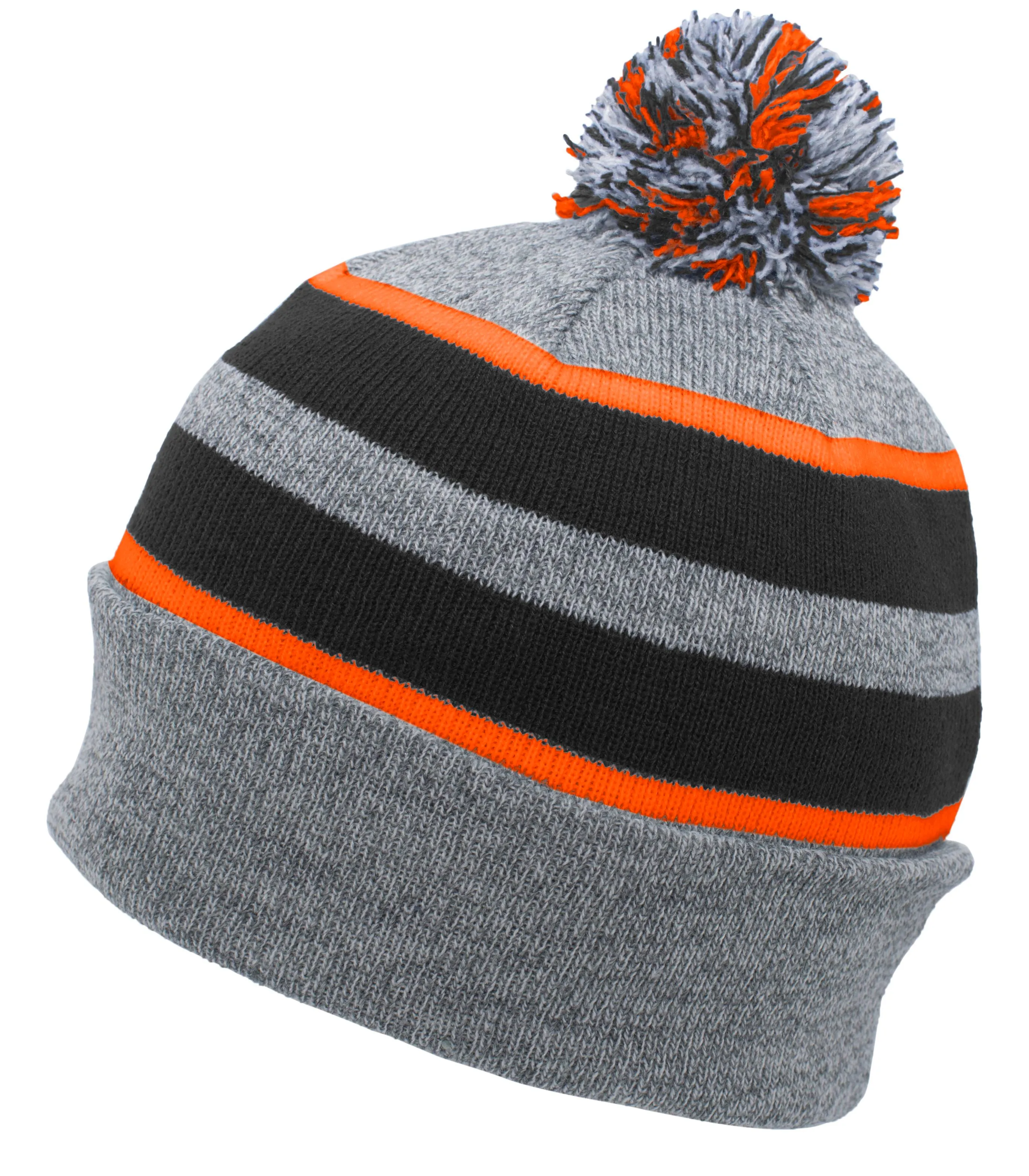 Pacific Headwear Knit Fold Over Pom-Pom Beanie - Heather/Black/Orange