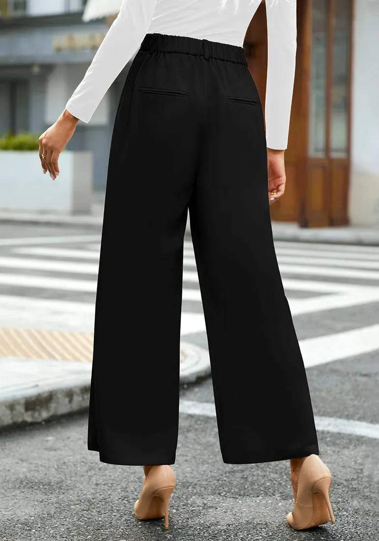 Petite Black High Waisted Wide Leg Pants for Women Business Casual Flowy Trouser