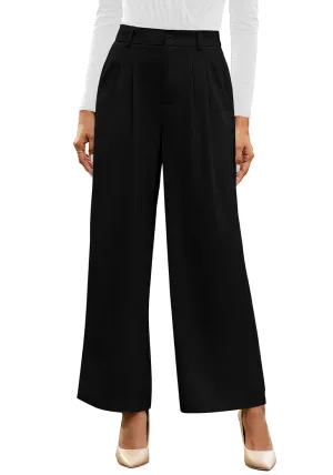 Petite Black High Waisted Wide Leg Pants for Women Business Casual Flowy Trouser