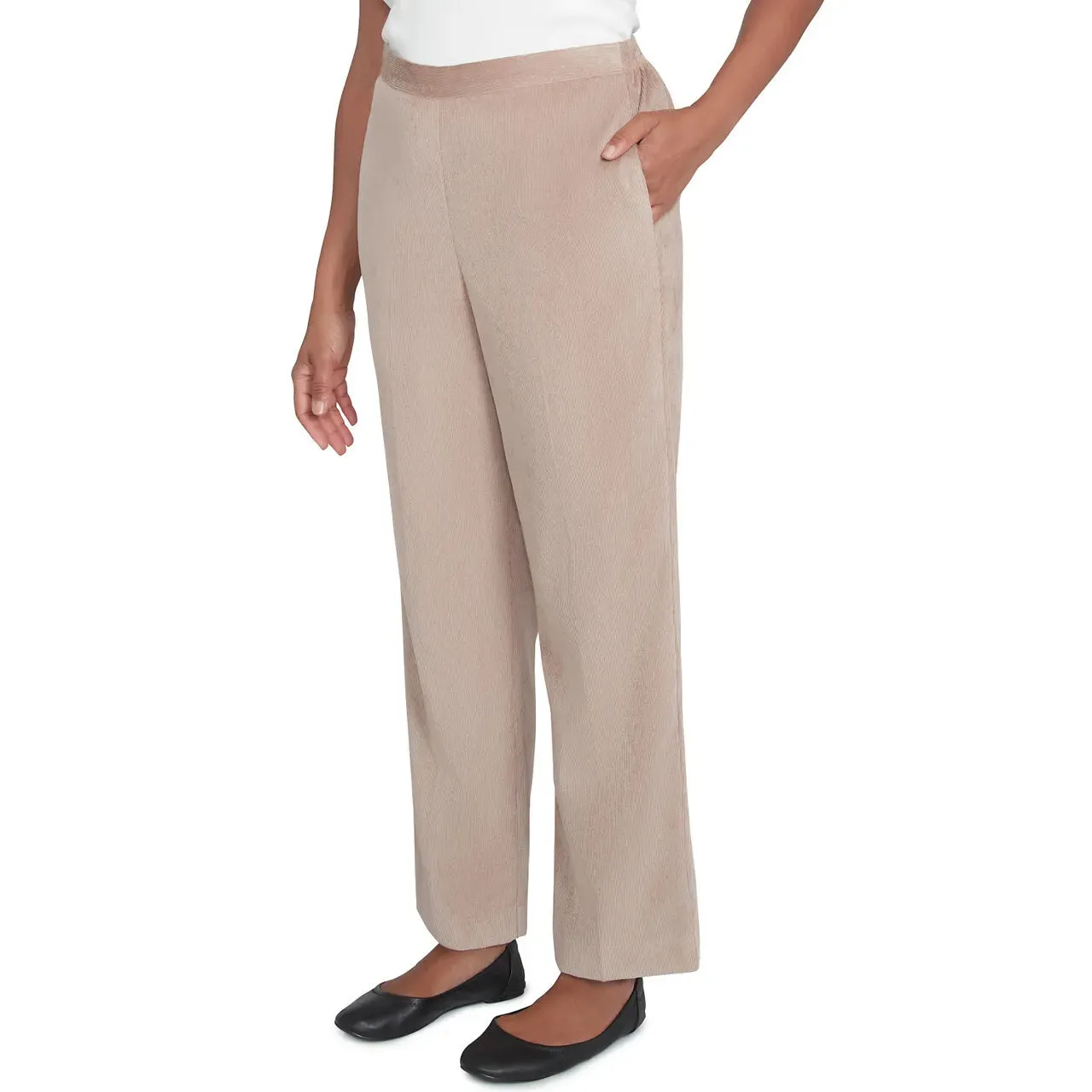 Petite Women's Corduroy Elastic Waist Average Length Pleated Pant