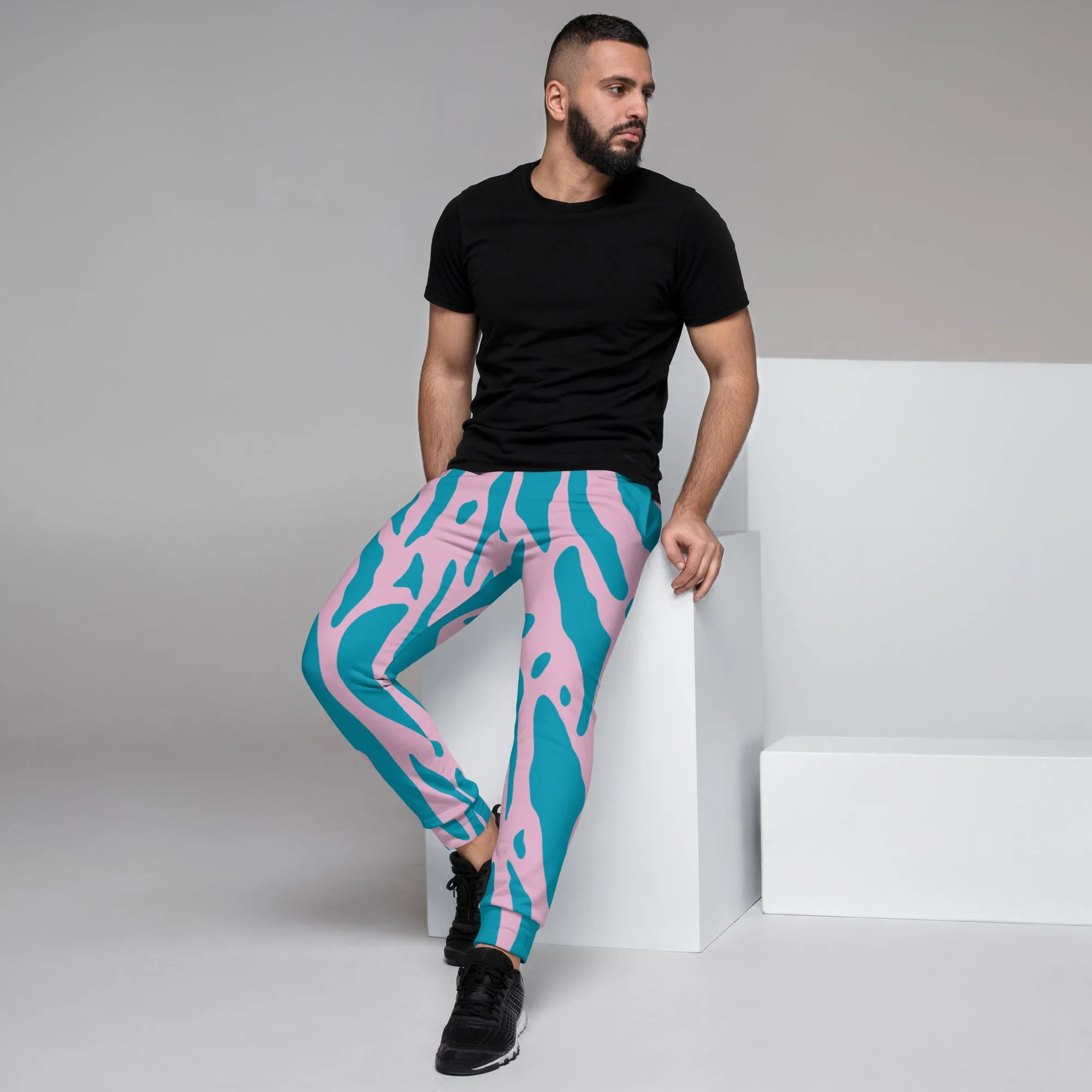 Pink Blue Striped Men's Joggers, Colorful Geometric Men's Pants-Made in USA/EU/MX (US Size: XS-3XL)