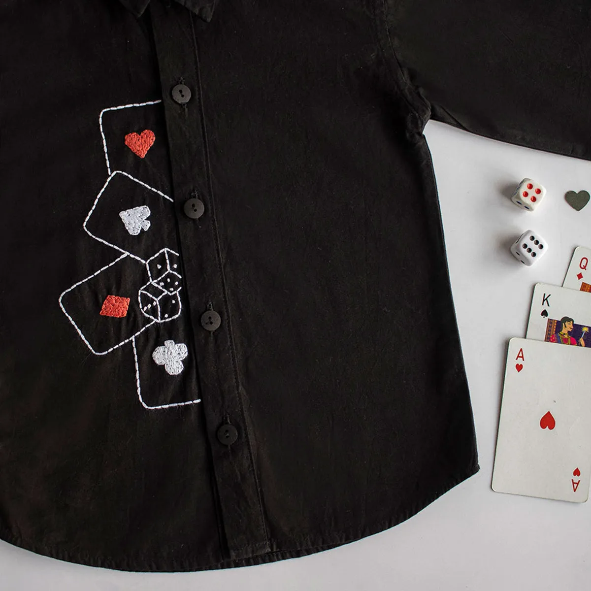 Playing Cards & Dice Embroidered Shirt - Black