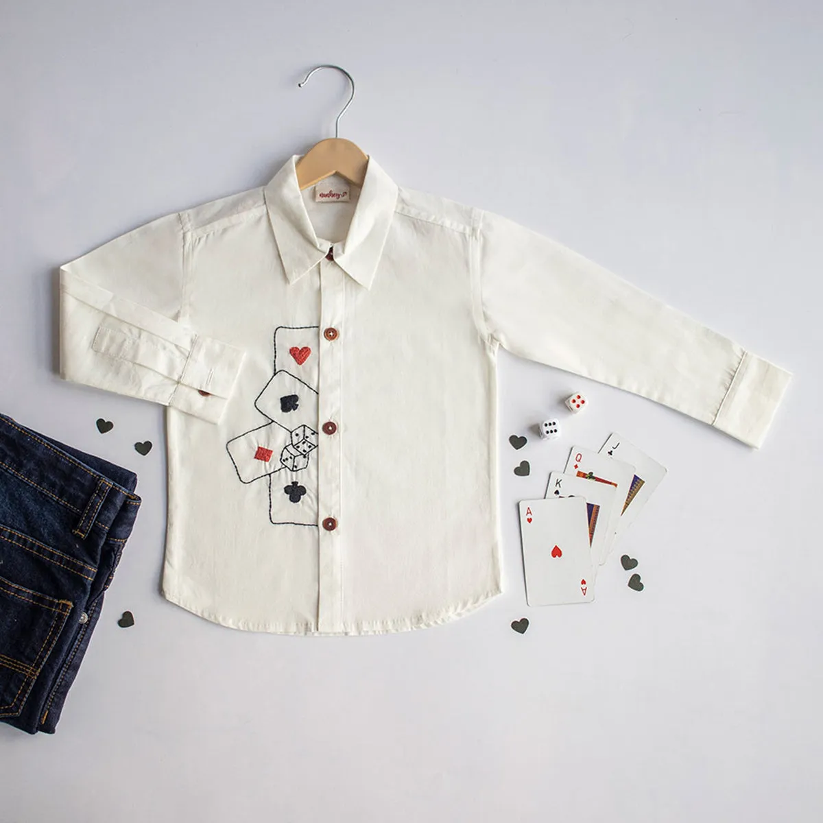 Playing Cards & Dice Embroidered Shirt - White