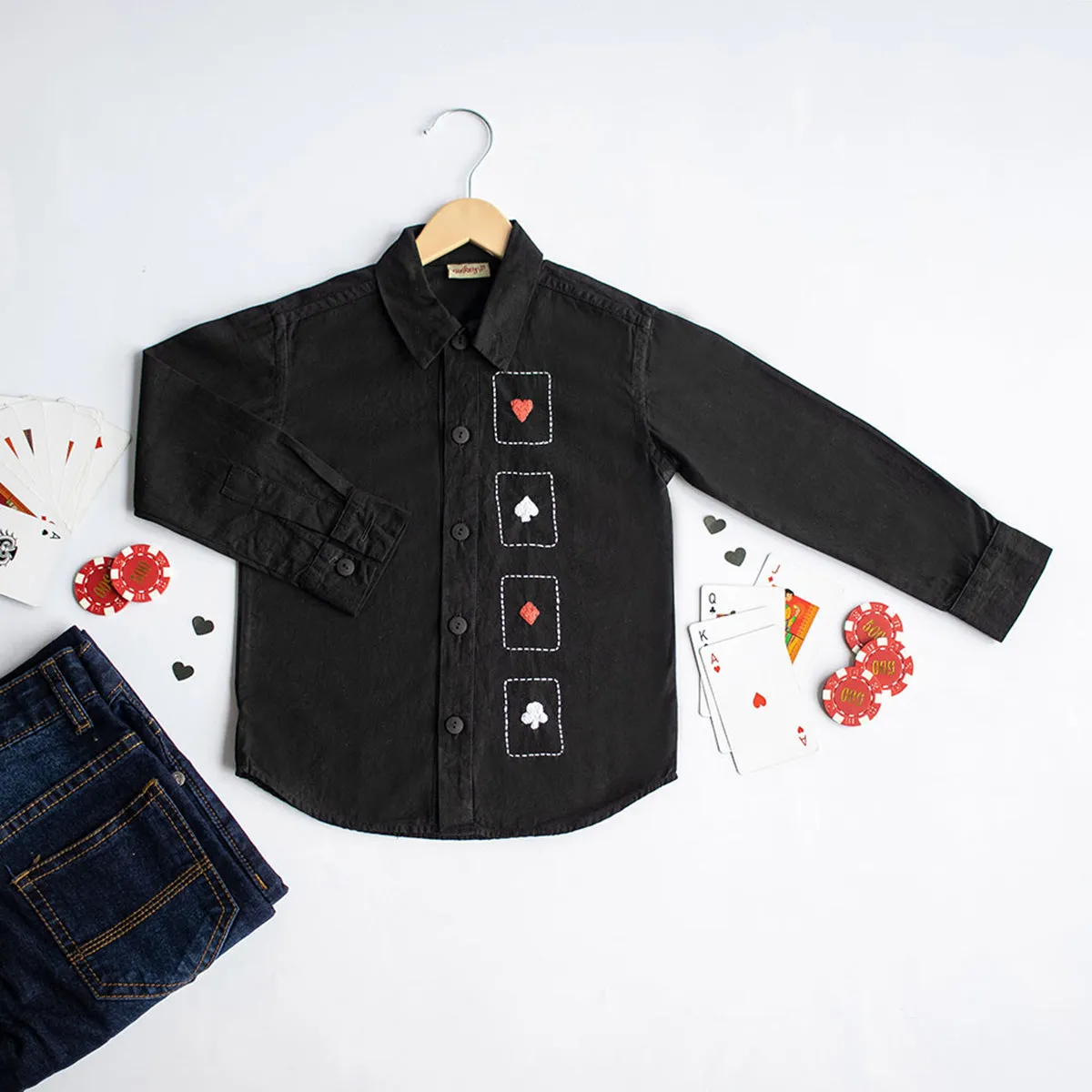 Playing Cards Embroidered Shirt - Black