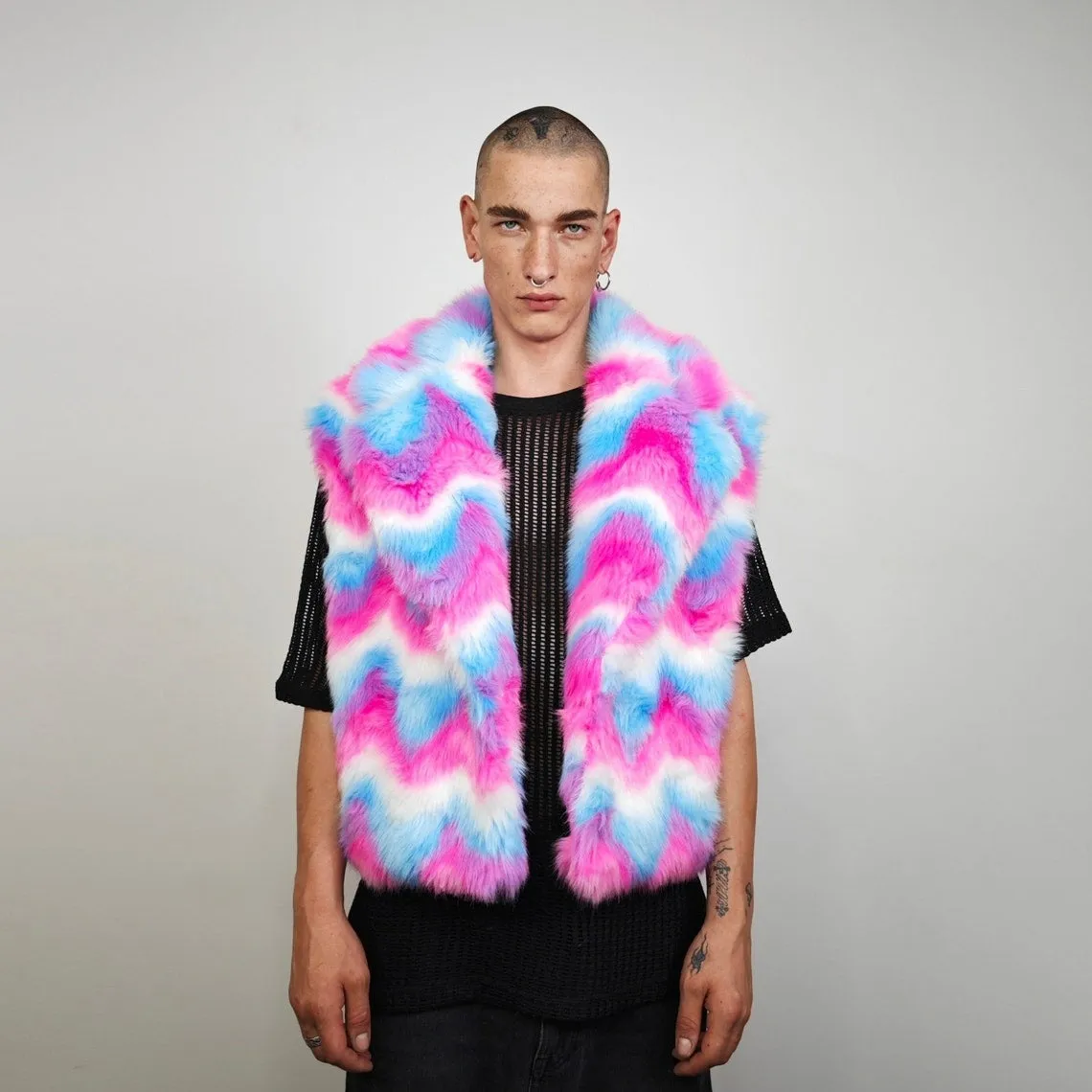 Rainbow faux fur coat crop striped trench festival zigzag jacket furry overcoat carnival bomber party peacoat psycho wide rave fleece pink