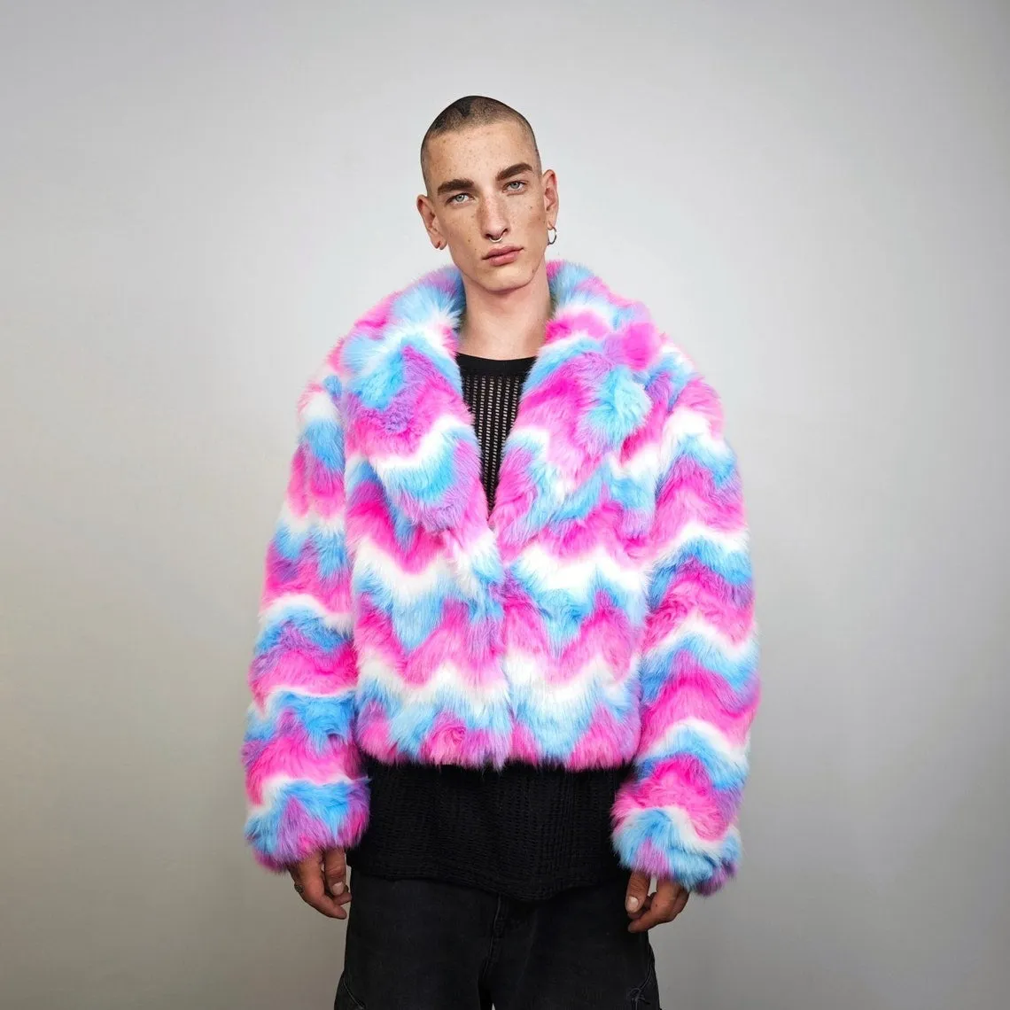 Rainbow faux fur coat crop striped trench festival zigzag jacket furry overcoat carnival bomber party peacoat psycho wide rave fleece pink