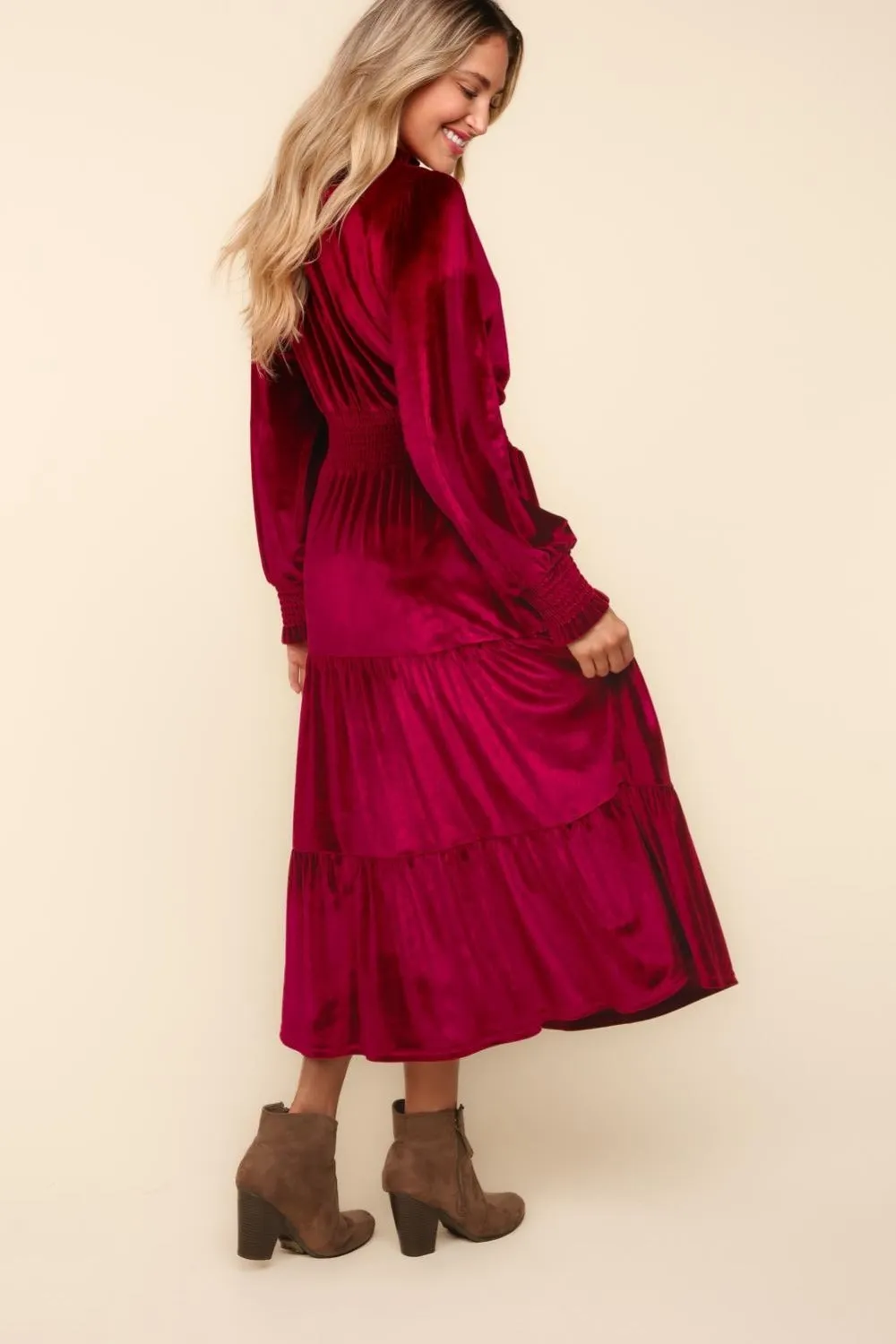 Red Velvet  Babydoll Tiered Dress with Mock Neck, Smocked Waist & Bubble Sleeves