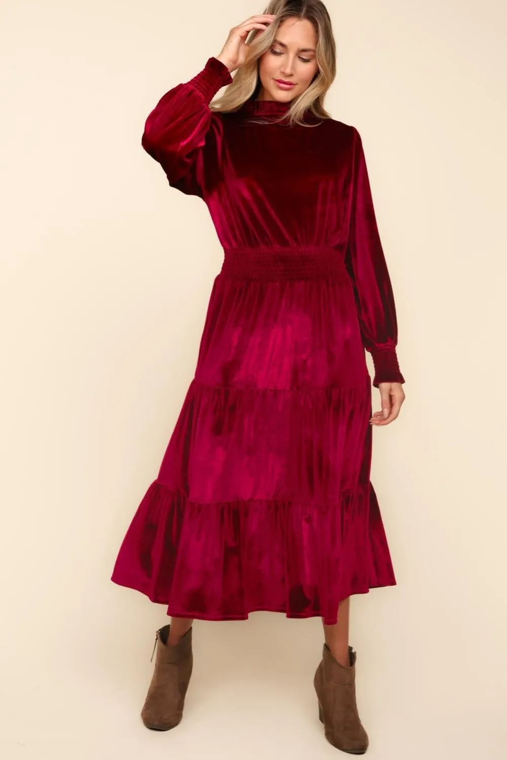 Red Velvet  Babydoll Tiered Dress with Mock Neck, Smocked Waist & Bubble Sleeves