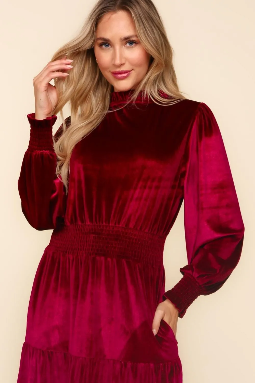 Red Velvet  Babydoll Tiered Dress with Mock Neck, Smocked Waist & Bubble Sleeves