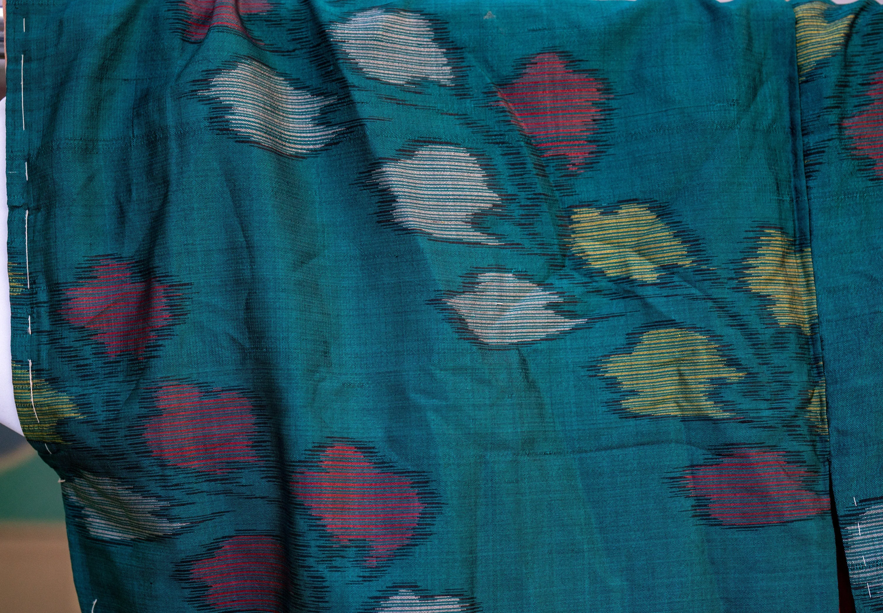 Retro Teal Floral Vintage Japanese Silk Kimono Shiny Fabric with Unique Fabric Weaving