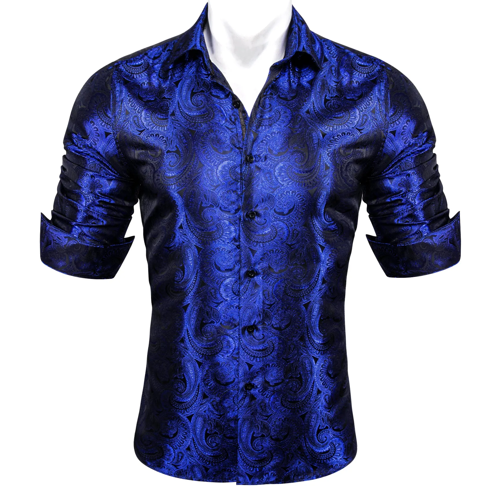 Royal Blue Paisley Pattern Silk Men's Long Sleeve Shirt