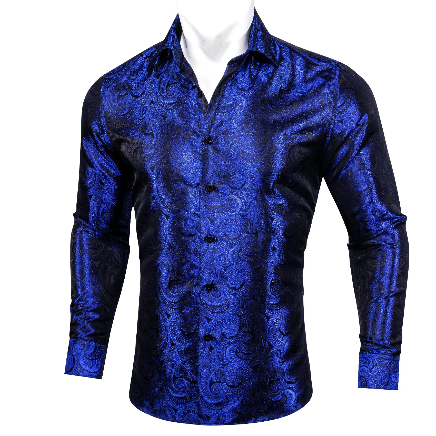 Royal Blue Paisley Pattern Silk Men's Long Sleeve Shirt