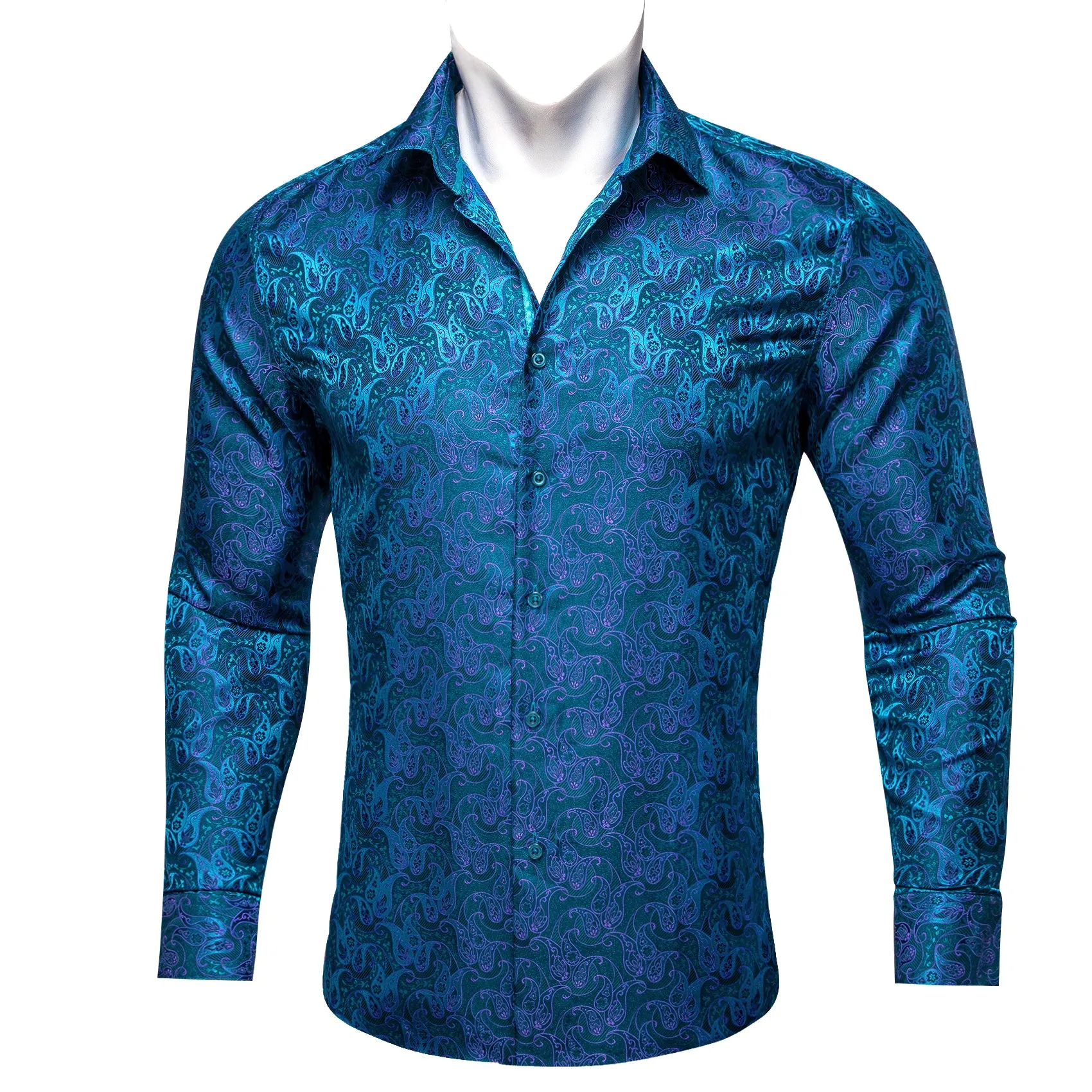 RoyalBlue Purple Paisley Flower Pattern Silk Men's Long Sleeve Shirt