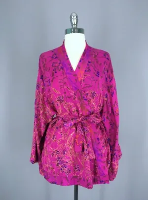 Silk Kimono Jacket / Vintage Indian Sari / Magenta Pink Floral Silk Kimono