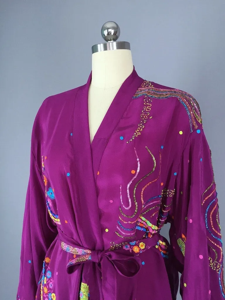 Silk Kimono Jacket / Vintage Indian Sari / Purple Embroidered Kimono